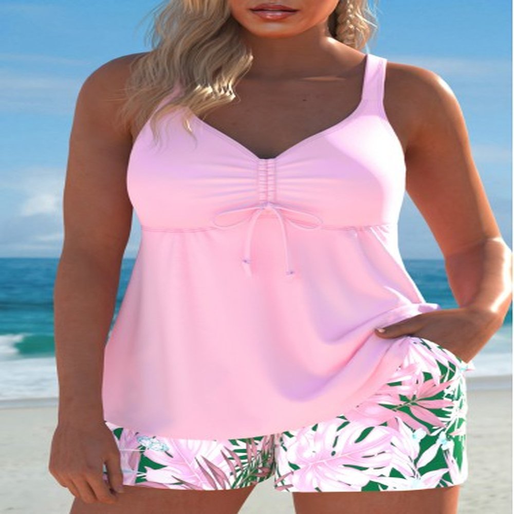 modlily drawstring tropical plants print light pink tankini set