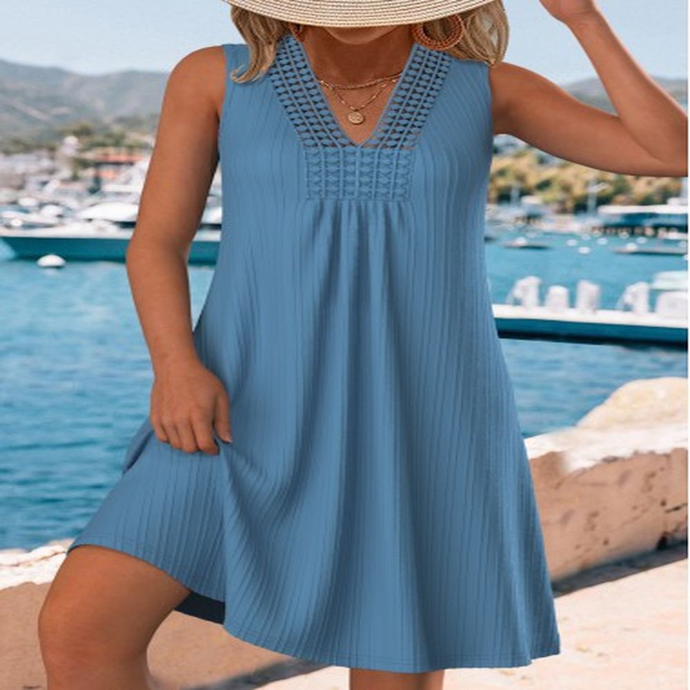 modlily dusty blue embroidery a line sleeveless v neck dress
