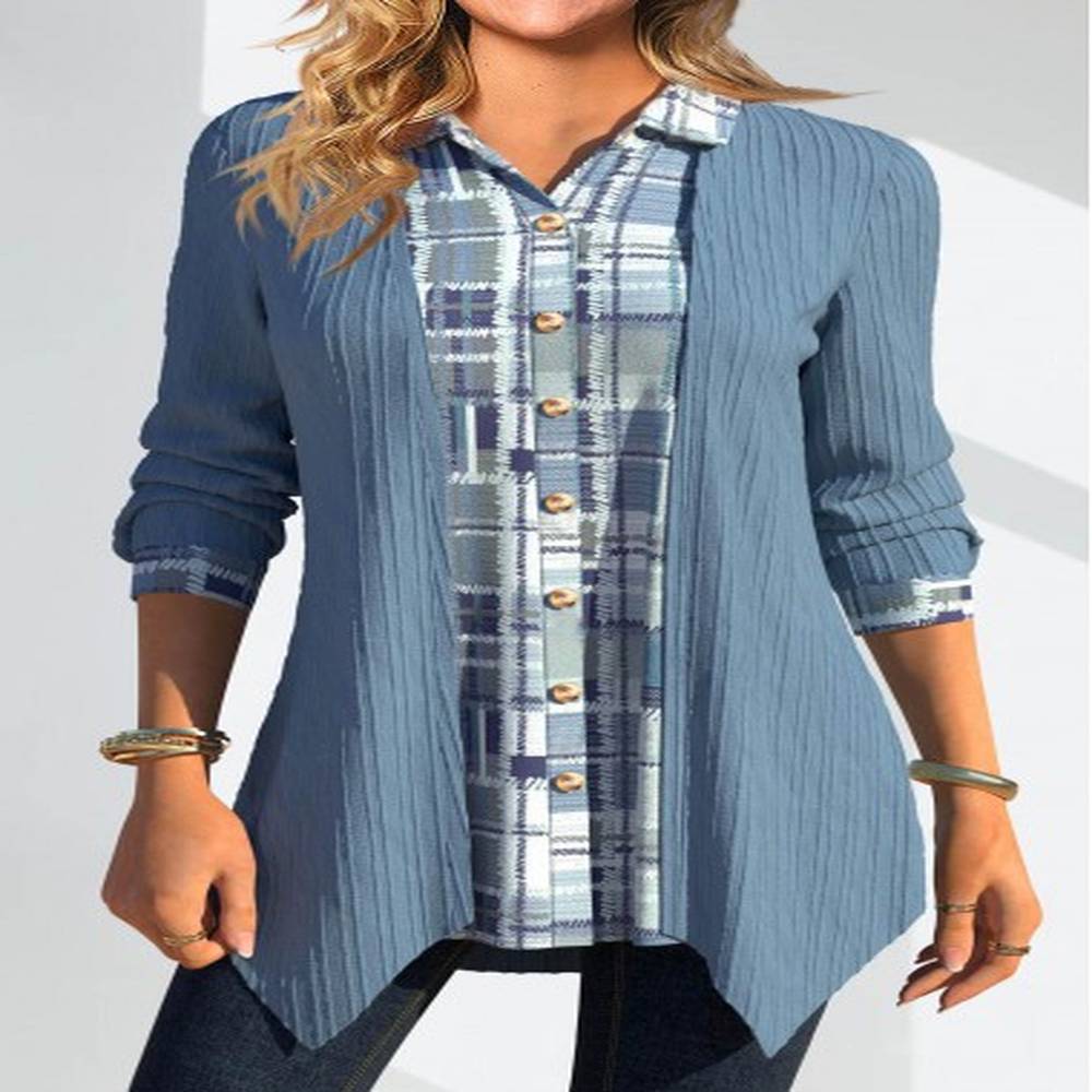modlily dusty blue patchwork geometric print long sleeve blouse