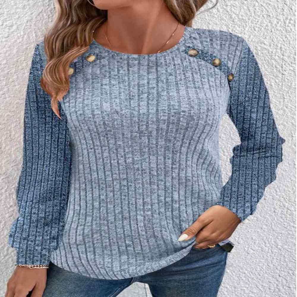 modlily dusty blue patchwork long sleeve round neck sweatshirt