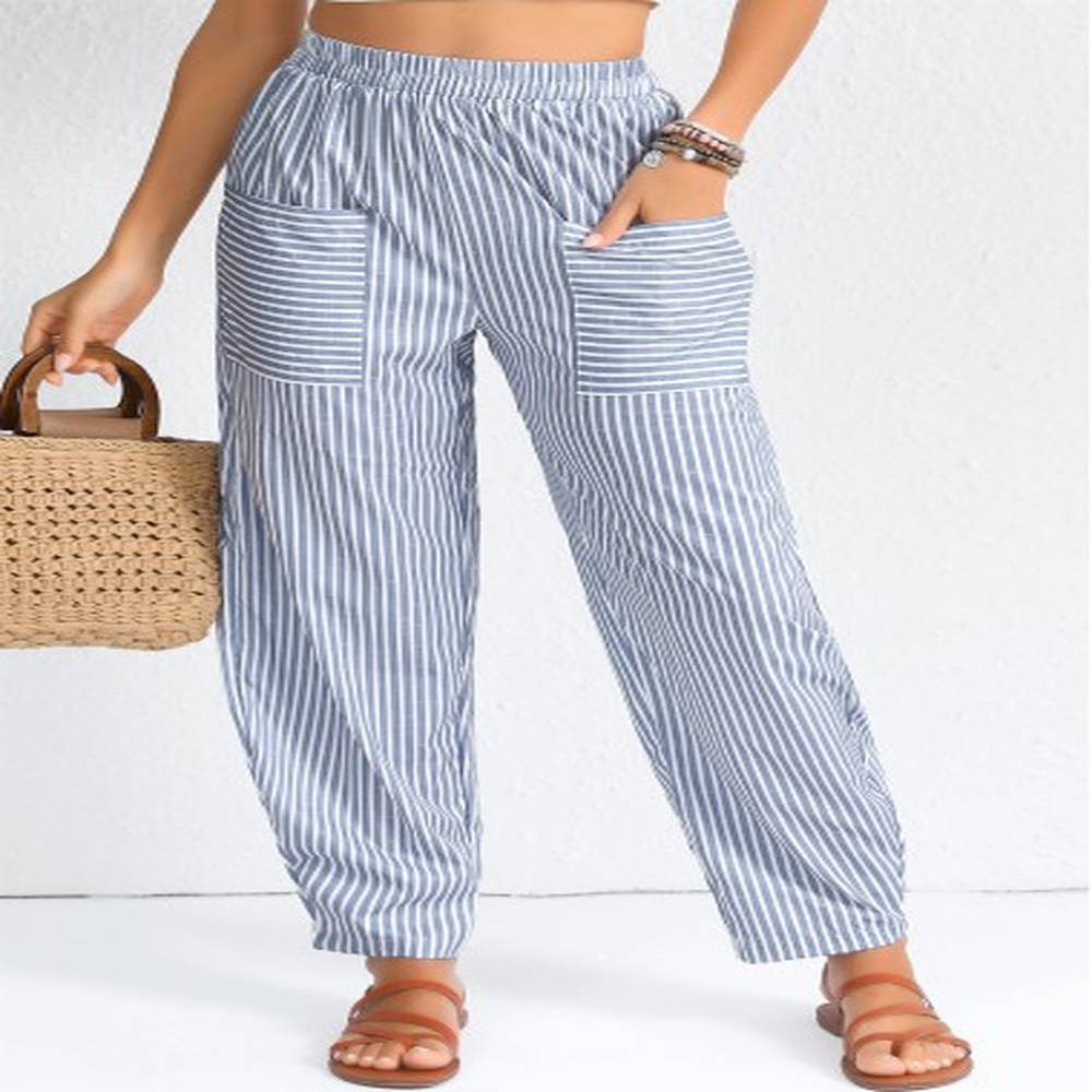 modlily dusty blue patchwork striped elastic waist high waisted pants