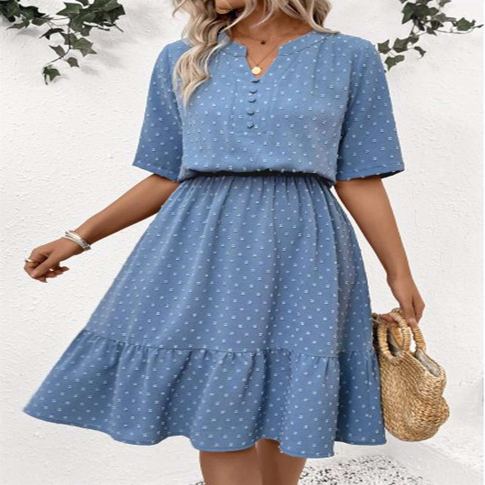 modlily dusty blue polka dot short sleeve split neck dress