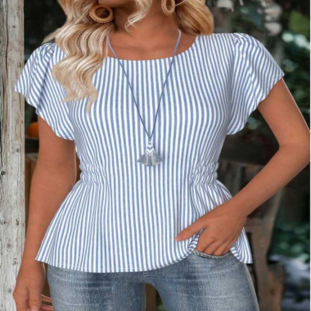 modlily dusty blue striped short sleeve round neck blouse