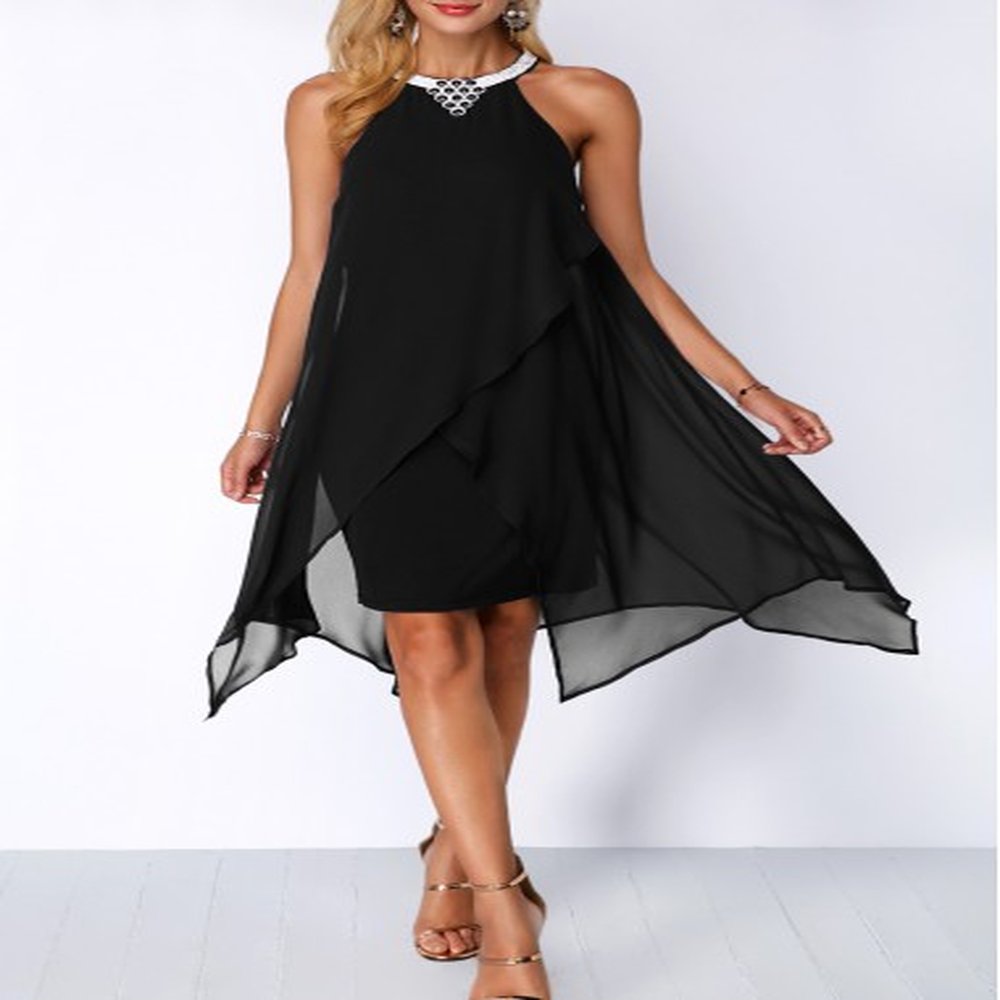 modlily embellished neck asymmetric hem black chiffon dress s