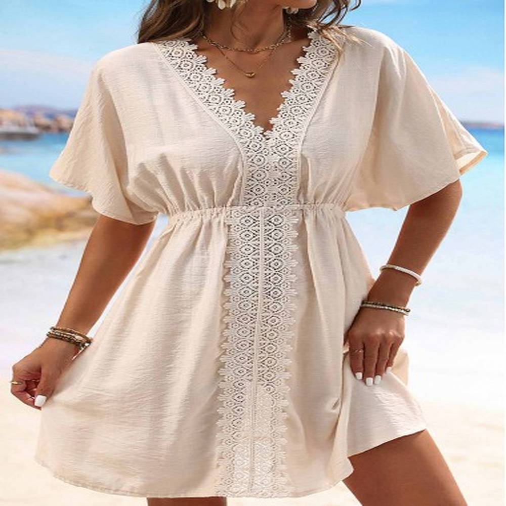 modlily embroidery patchwork v neck beige cover up s