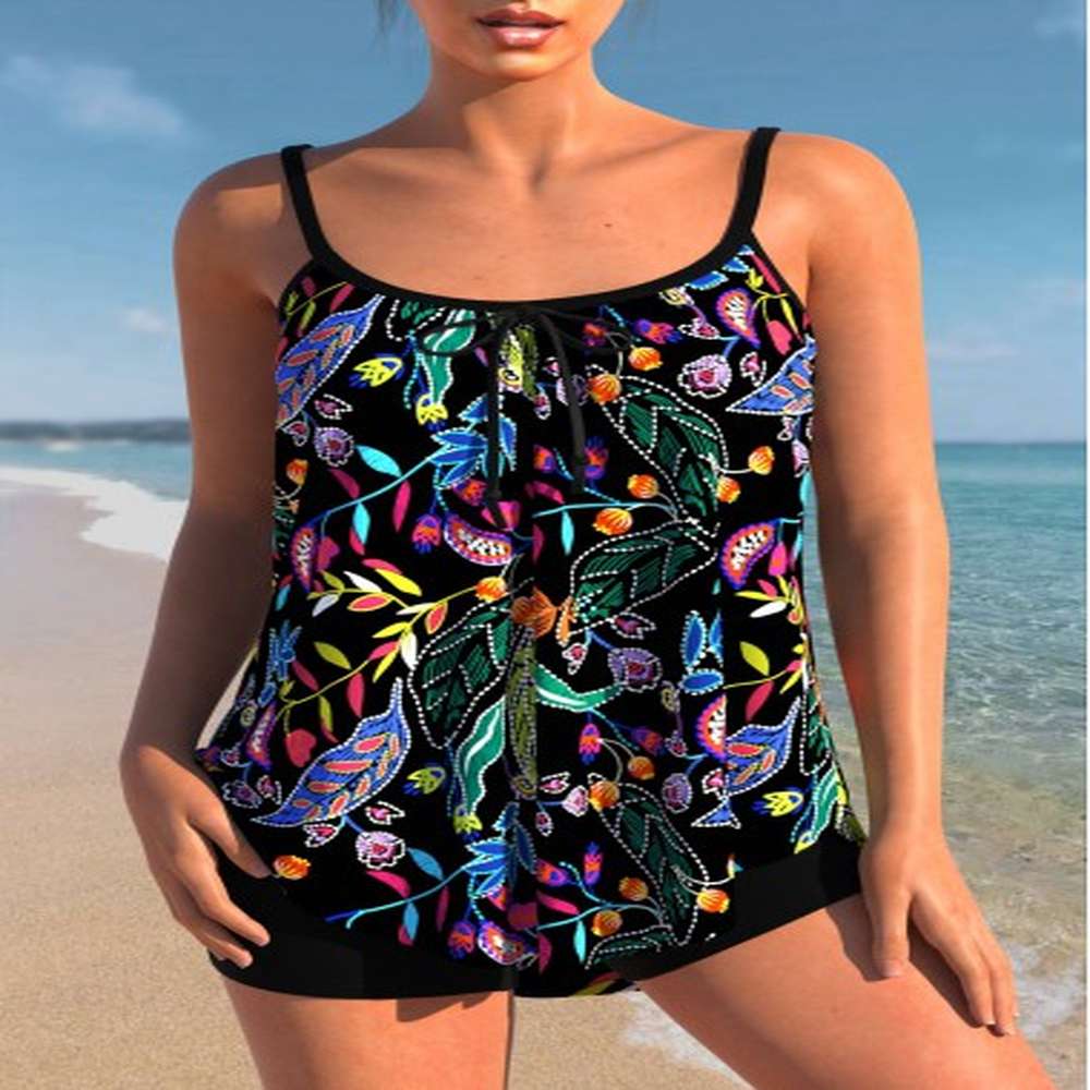 modlily floral print black spaghetti strap tankini set m