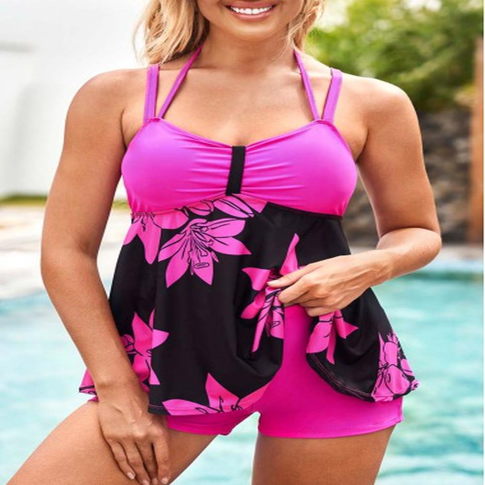 modlily floral print spaghetti strap center shirred tankini set