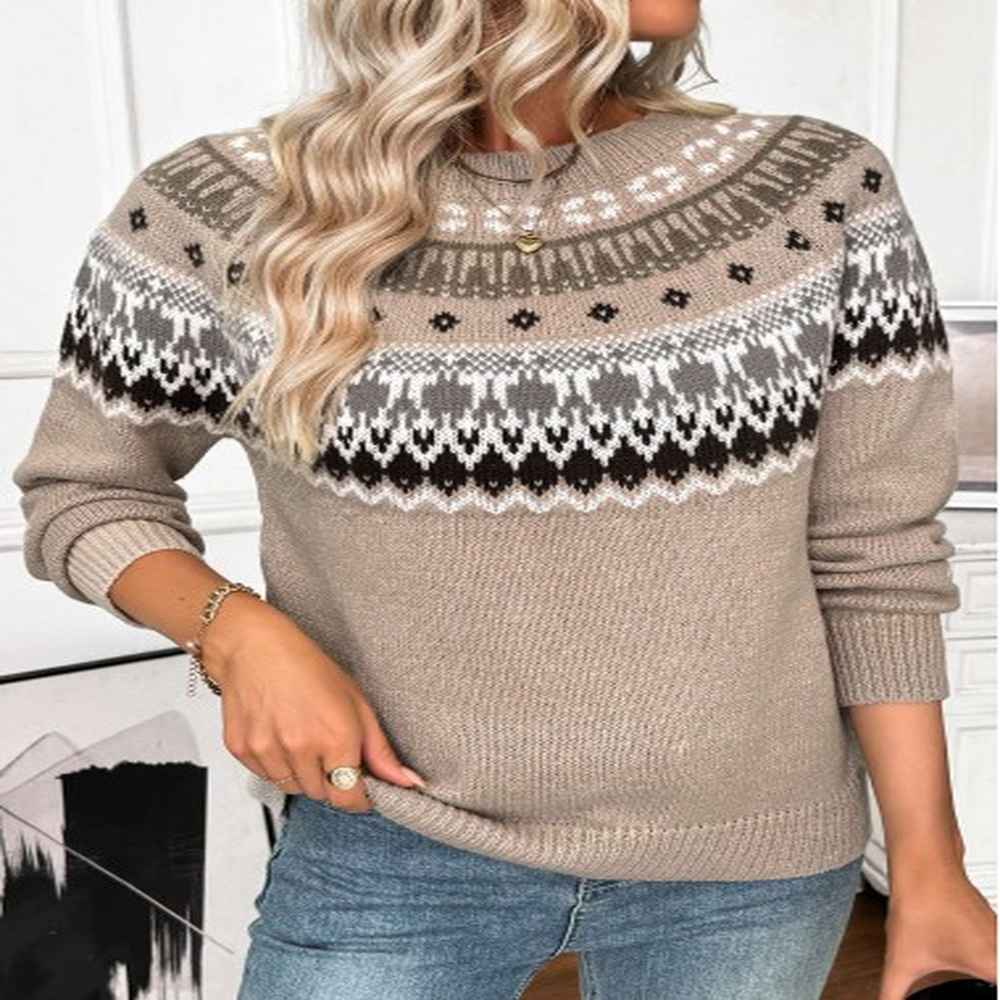 modlily gray brown tummy coverage tribal print long sleeve sweater