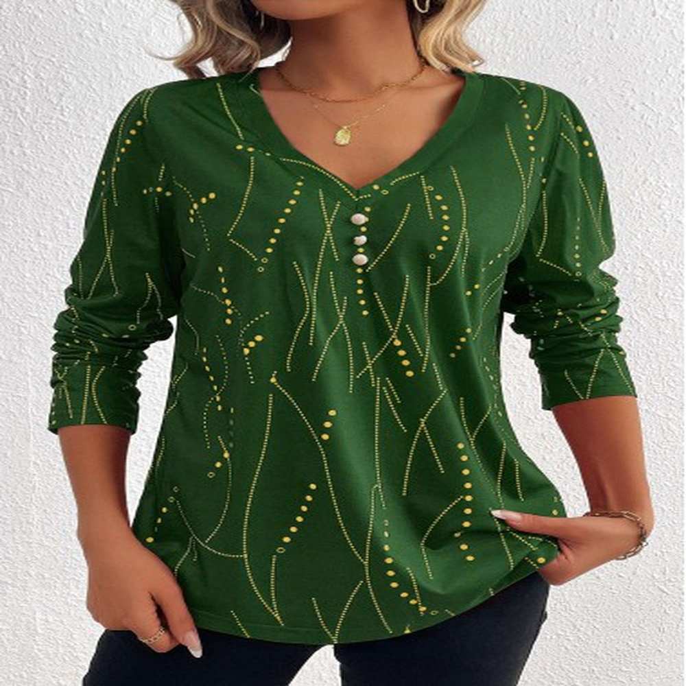 modlily green button geometric print long sleeve t shirt