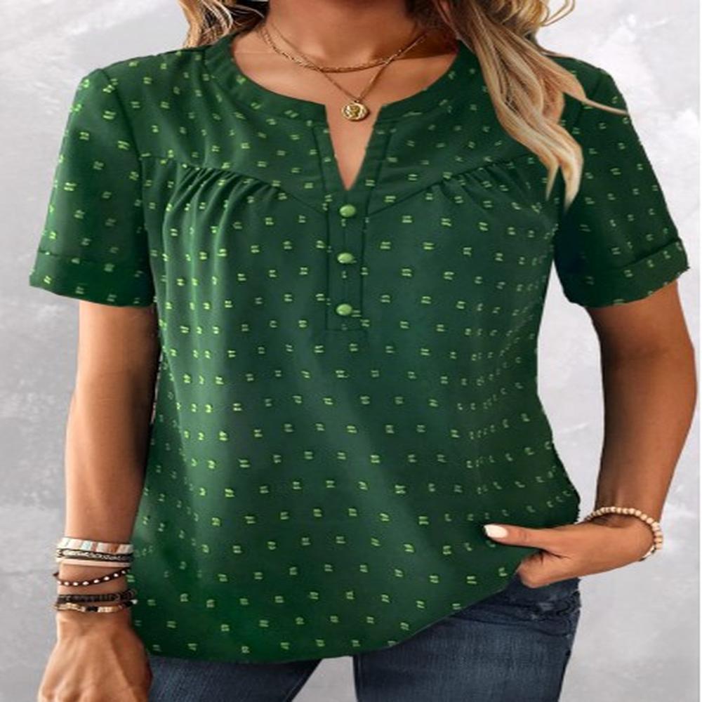 modlily green button short sleeve split neck blouse s