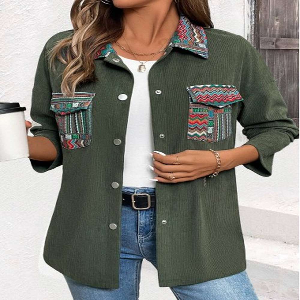 modlily green corduroy tribal print long sleeve coat l