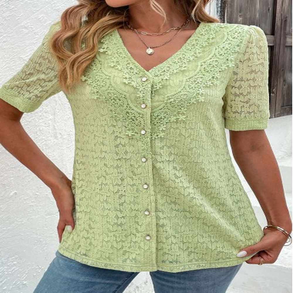 modlily green lace short sleeve v neck blouse s