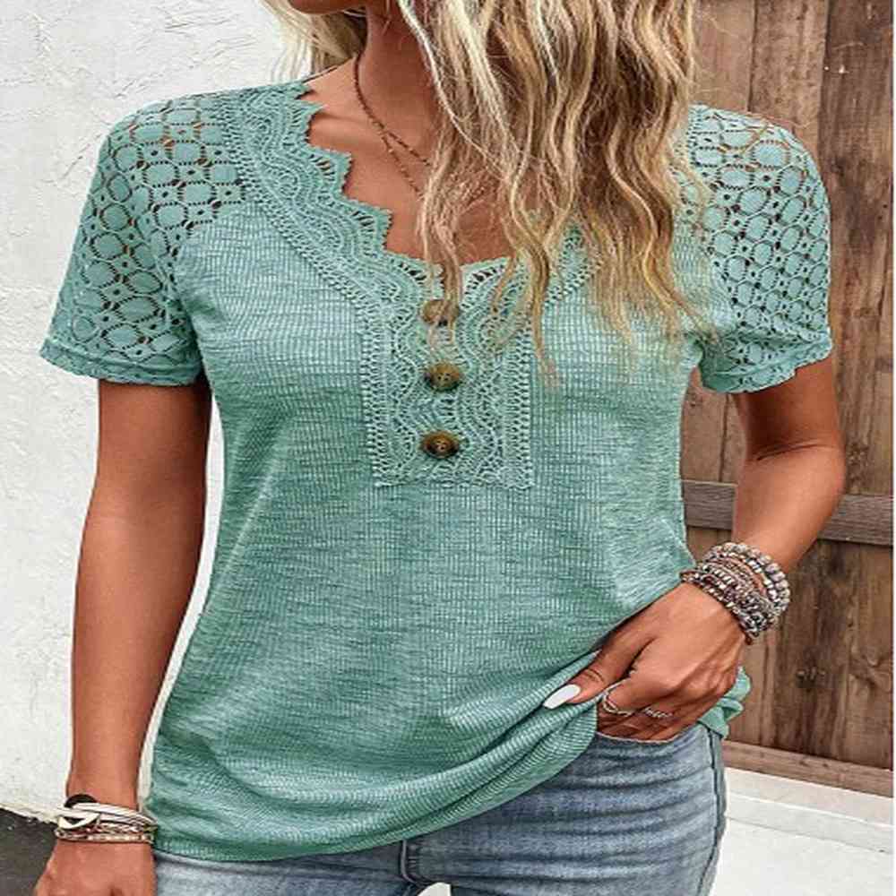 modlily green lace short sleeve v neck t shirt