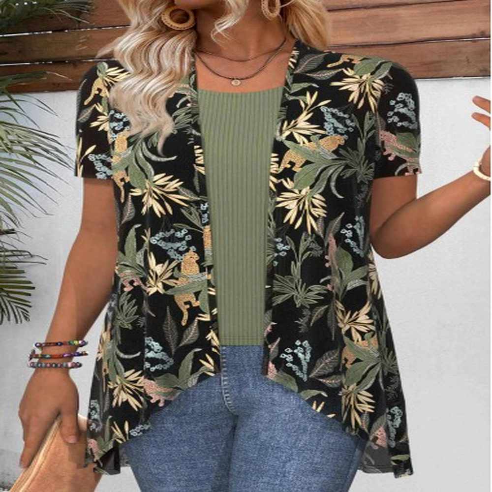 modlily green leaf print short sleeve light cardigan xl