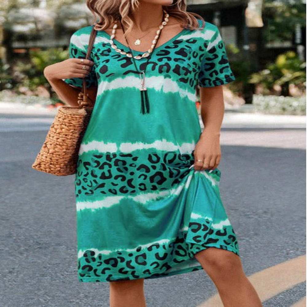 modlily green leopard h shape short sleeve dress s