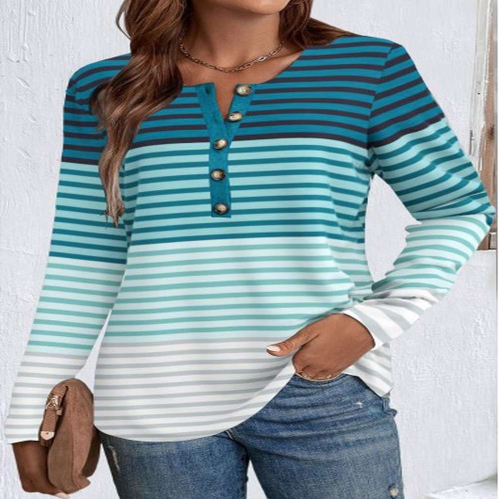 modlily green patchwork striped long sleeve split neck t shirt