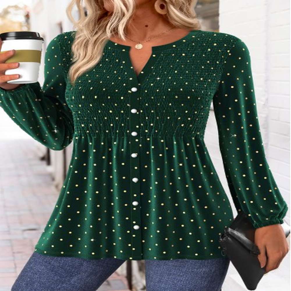 modlily green peplum polka dot long sleeve split neck blouse
