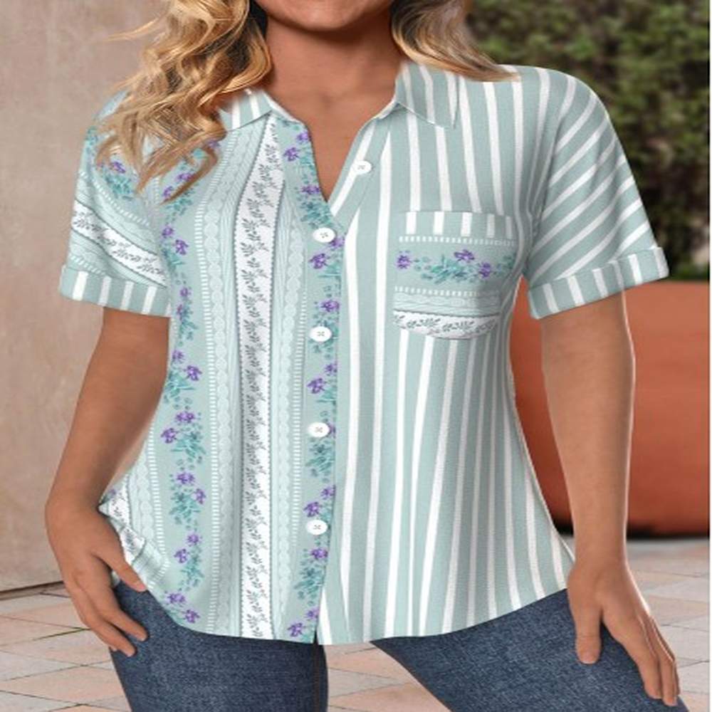 modlily green pocket striped short sleeve shirt collar blouse