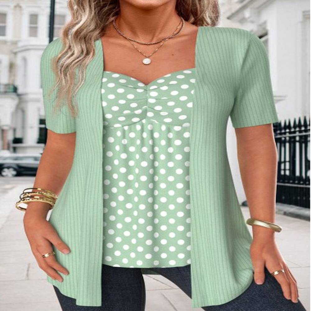 modlily green polka dot short sleeve fake two piece twinset