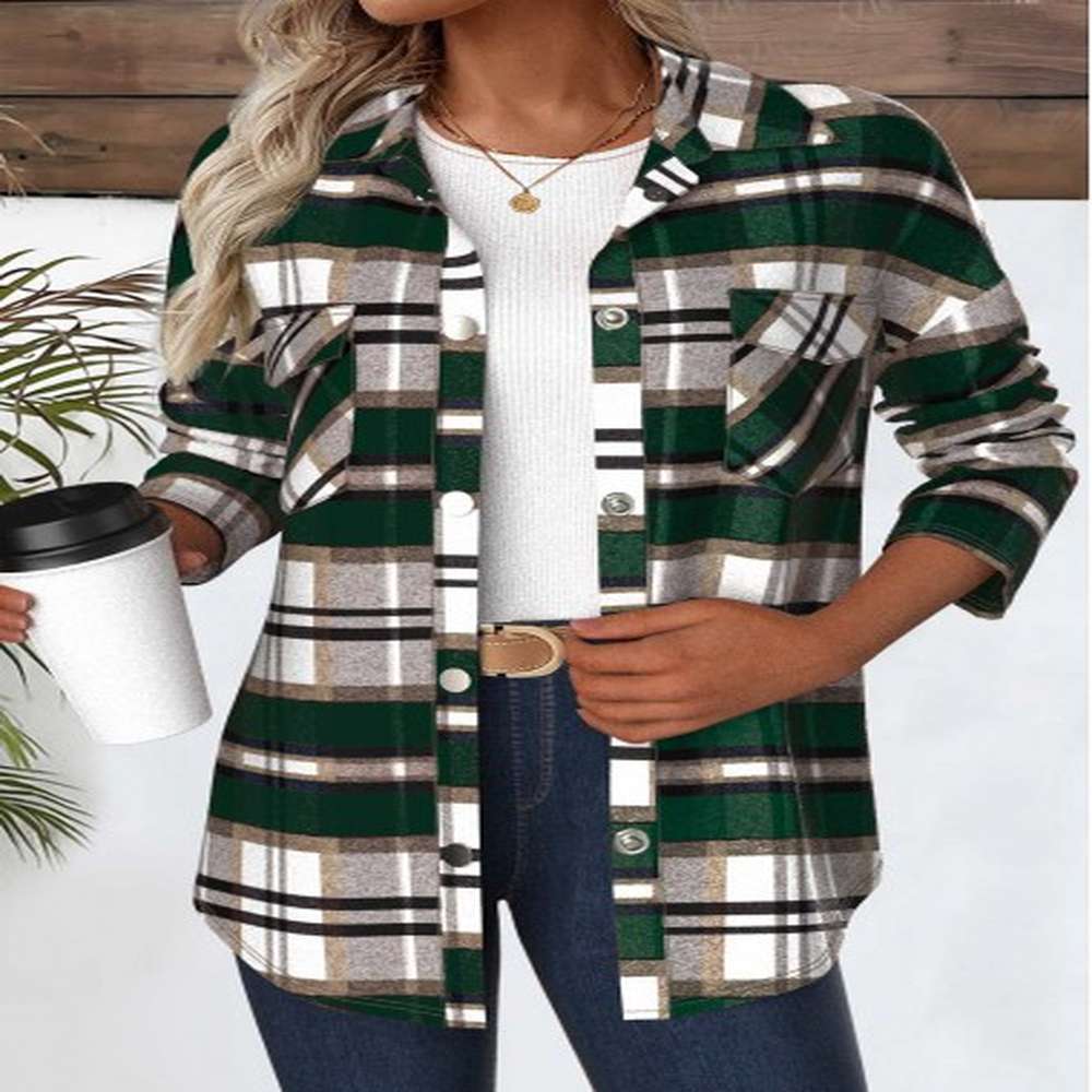 modlily green snap button plaid long sleeve coat s