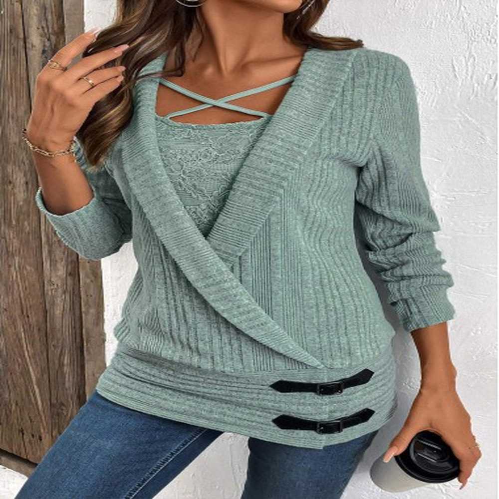 modlily green surplice long sleeve fake two piece twinset