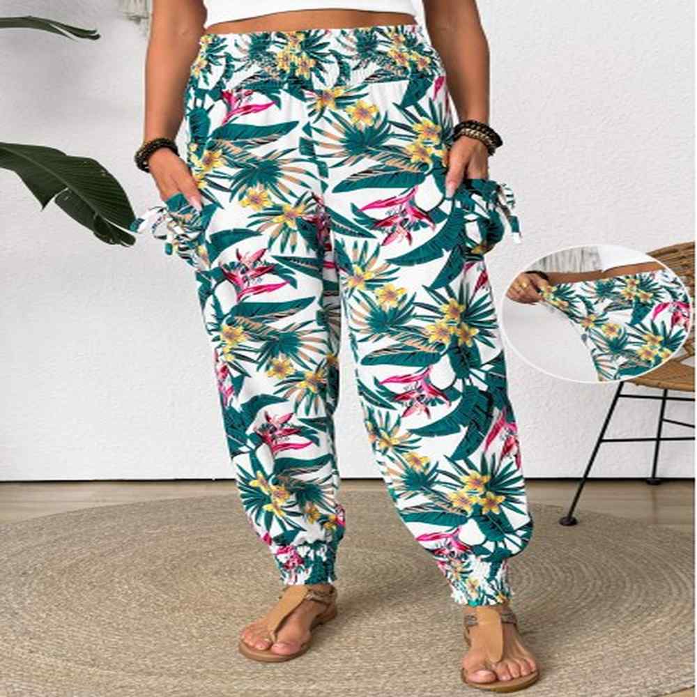 modlily green tropical plants print jogger elastic waist pants