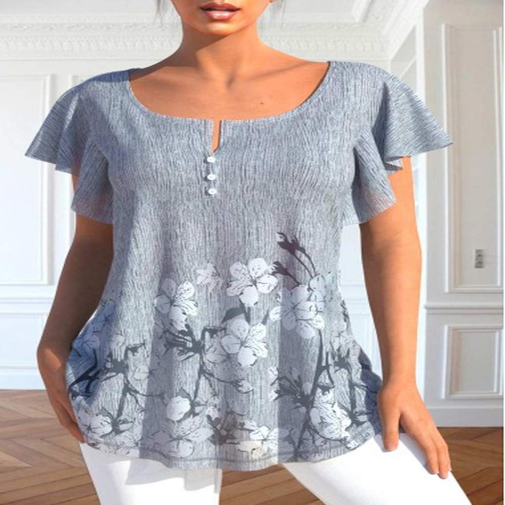 modlily grey button floral print short sleeve t shirt
