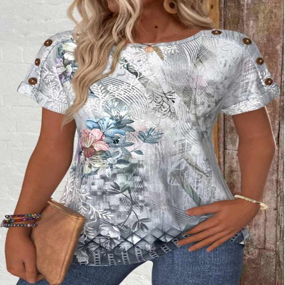 modlily grey button random floral print short sleeve t shirt