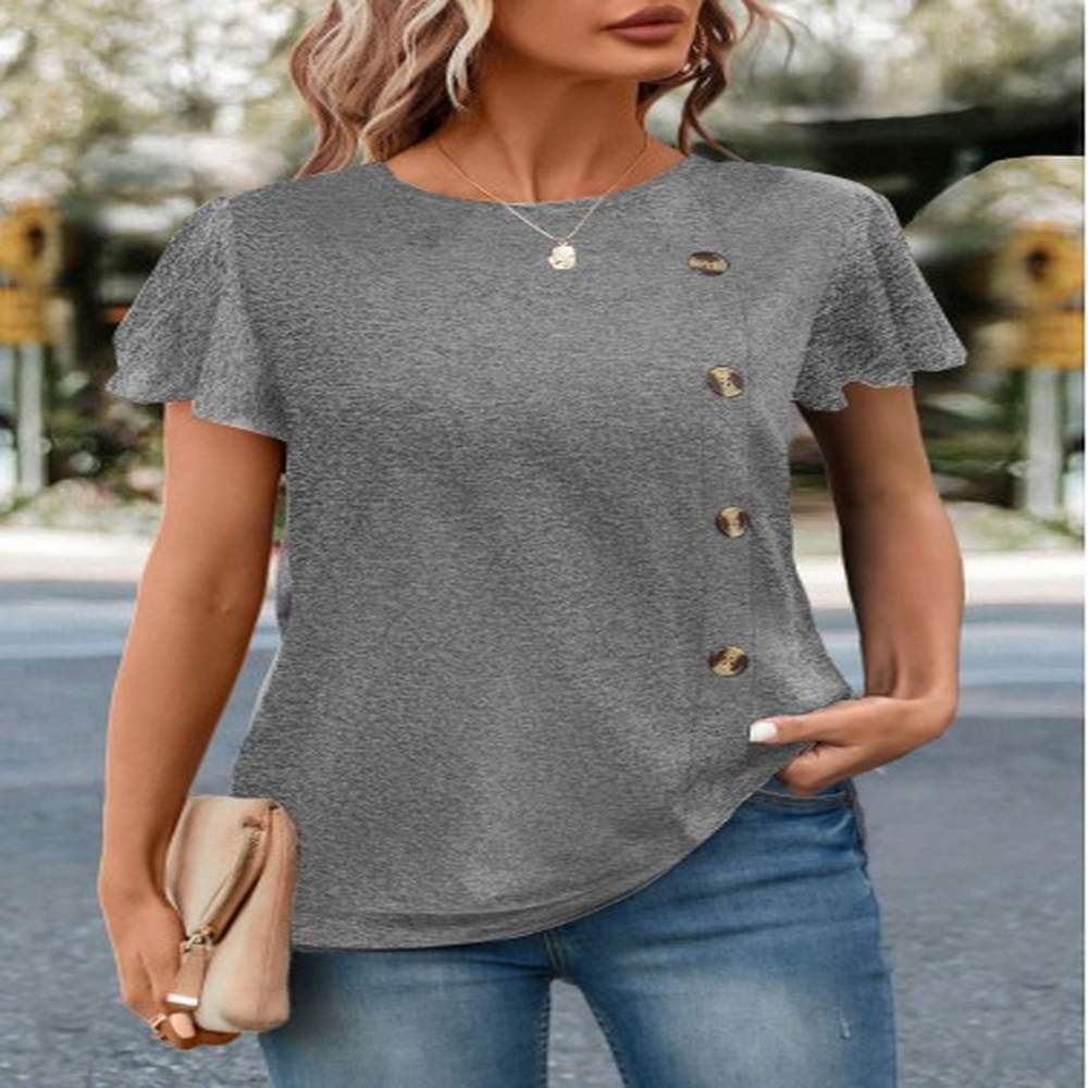 modlily grey button short sleeve round neck t shirt