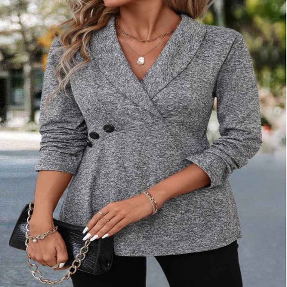 modlily grey patchwork long sleeve turn down collar blouse