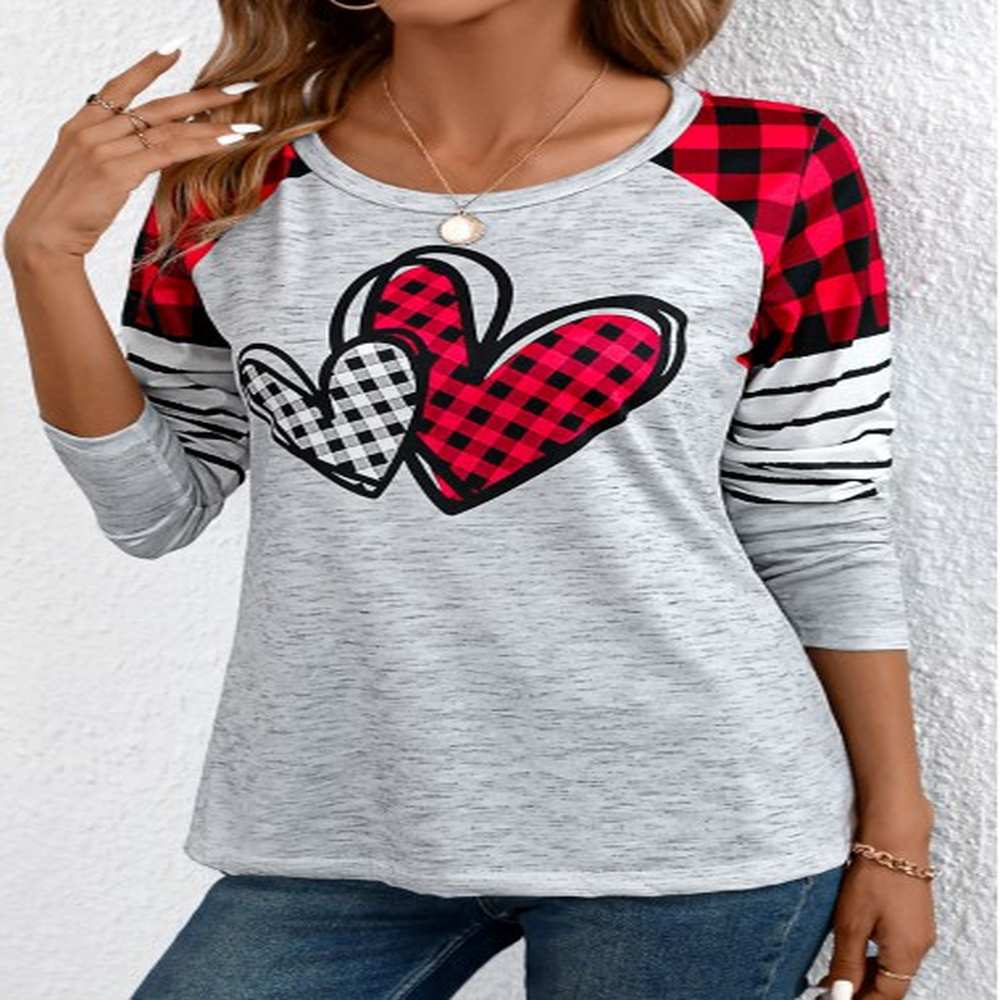 modlily grey patchwork plaid long sleeve round neck t shirt