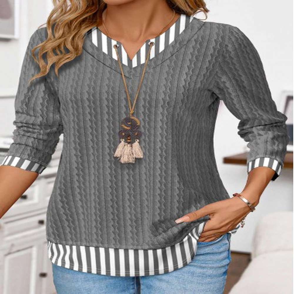 modlily grey patchwork striped long sleeve fake two piece twinset