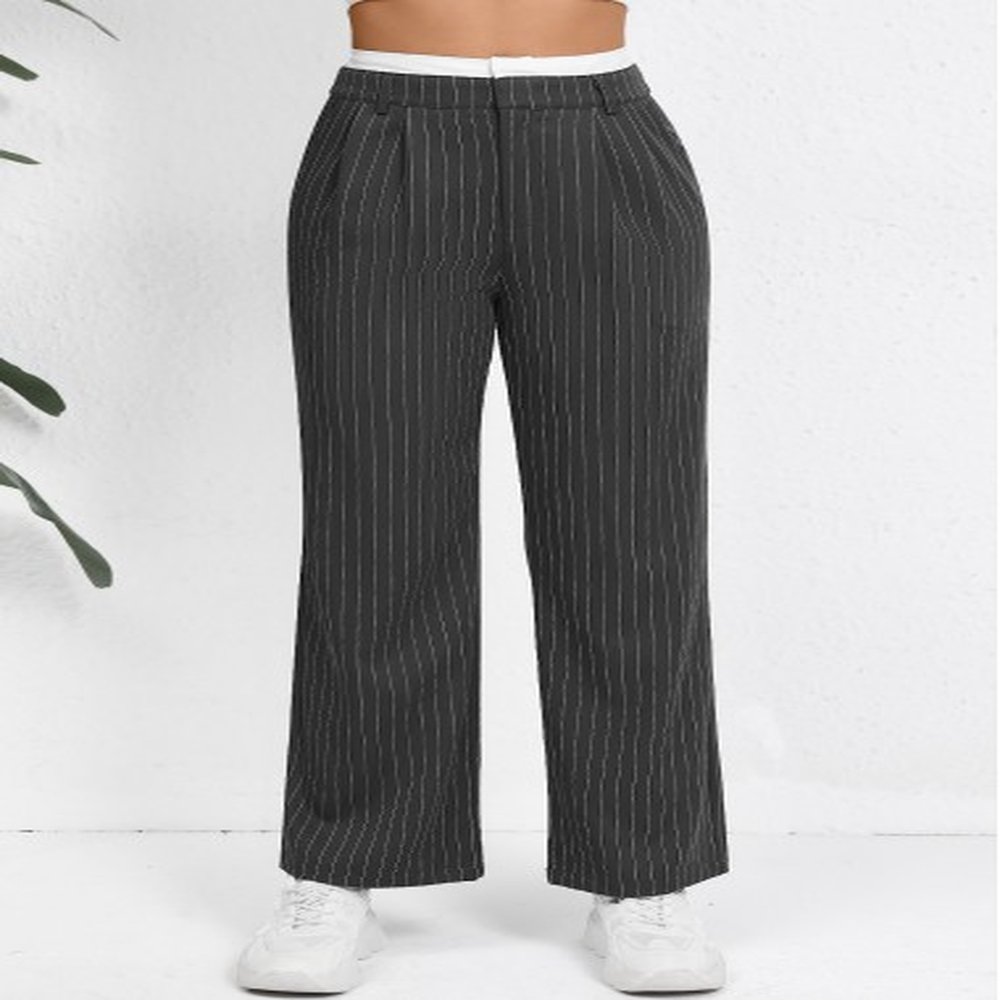 modlily grey pocket striped straight leg zipper fly pants