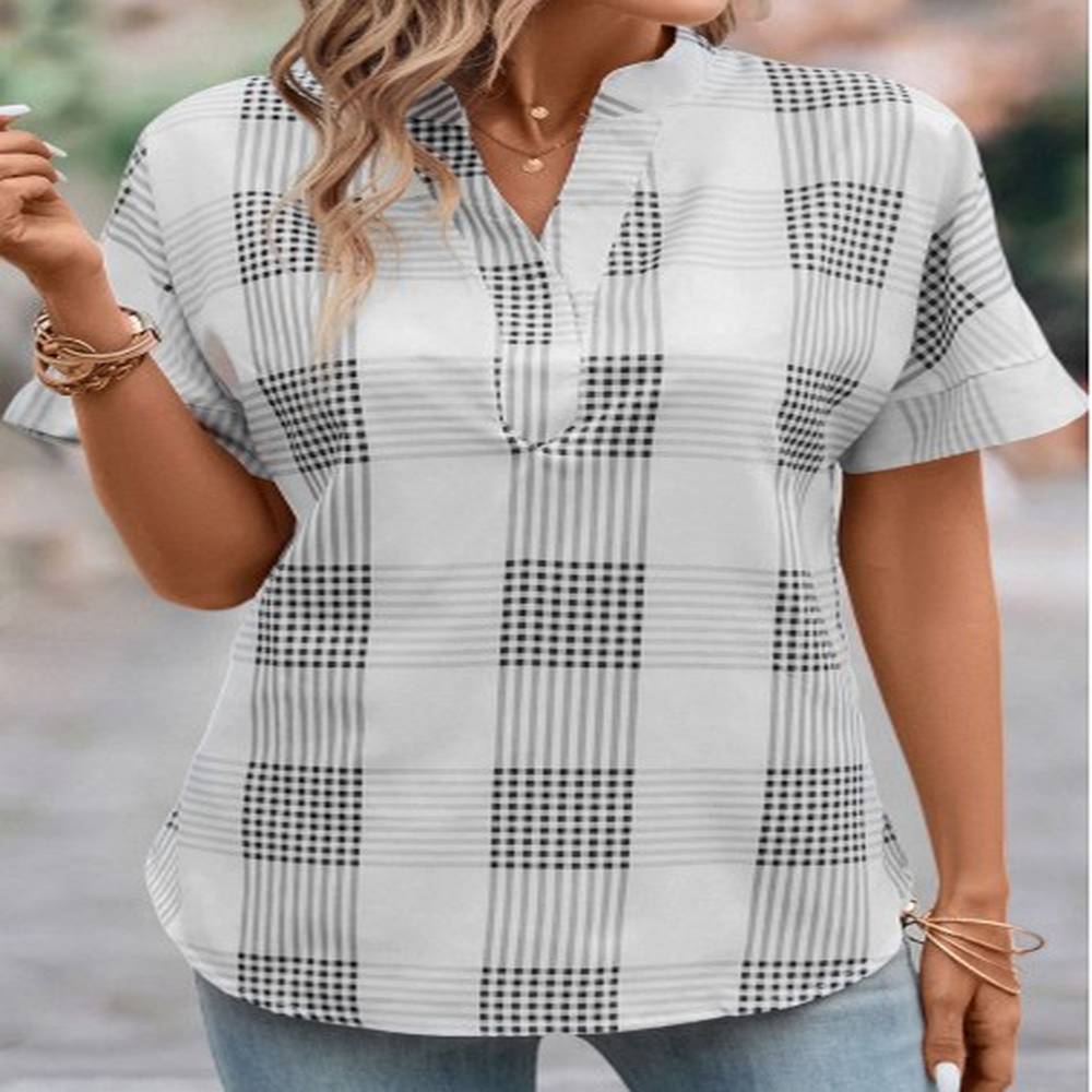 modlily grey split plaid short sleeve blouse m