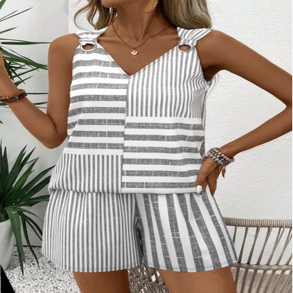 modlily grey striped sleeveless v neck tank top and shorts