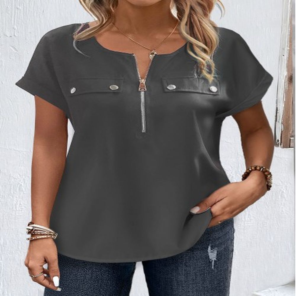 modlily grey zipper short sleeve round neck blouse s
