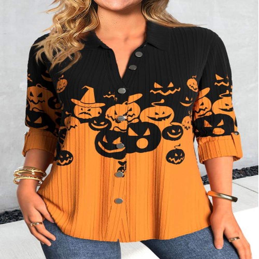 modlily halloween orange button plus size pumpkin print shirt