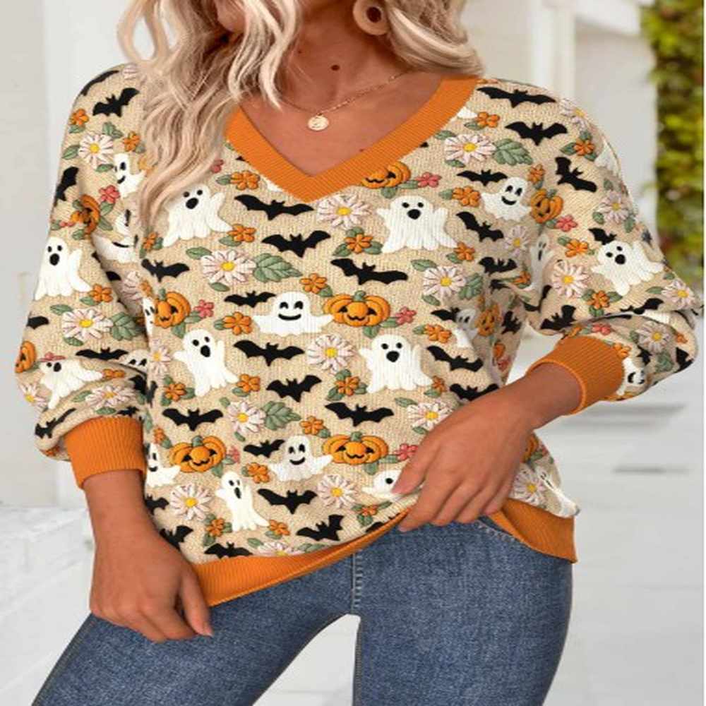modlily halloween orange tummy coverage long sleeve v neck sweatshirt