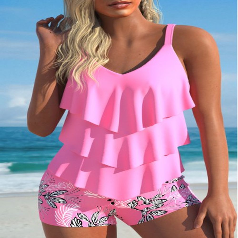 modlily handkerchief hem plants print pink tankini set l