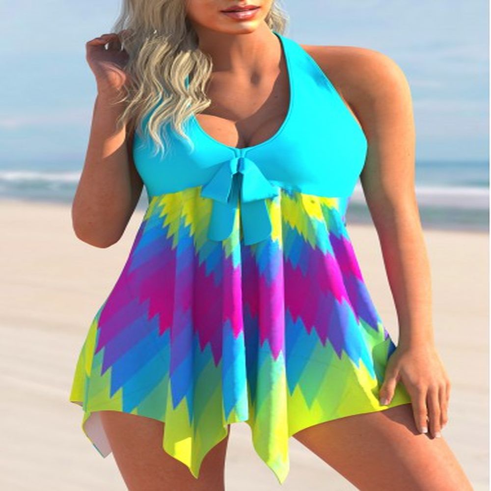 modlily hanky hem bowknot colorful geometric print swimdress and panty