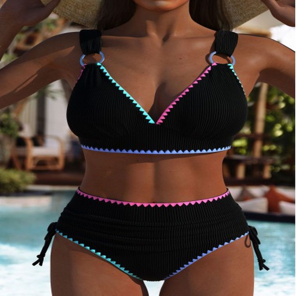 modlily high waisted circular ring black bikini set s