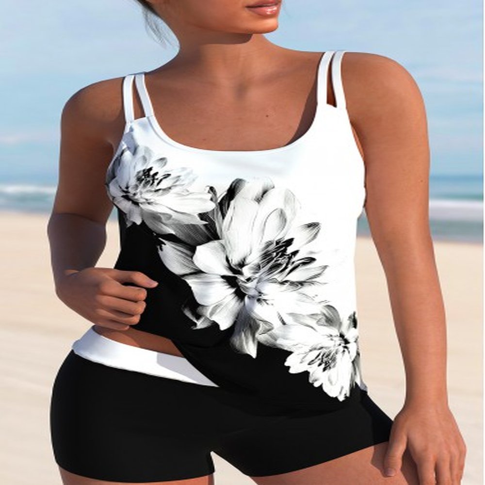 modlily high waisted floral print white tankini set s