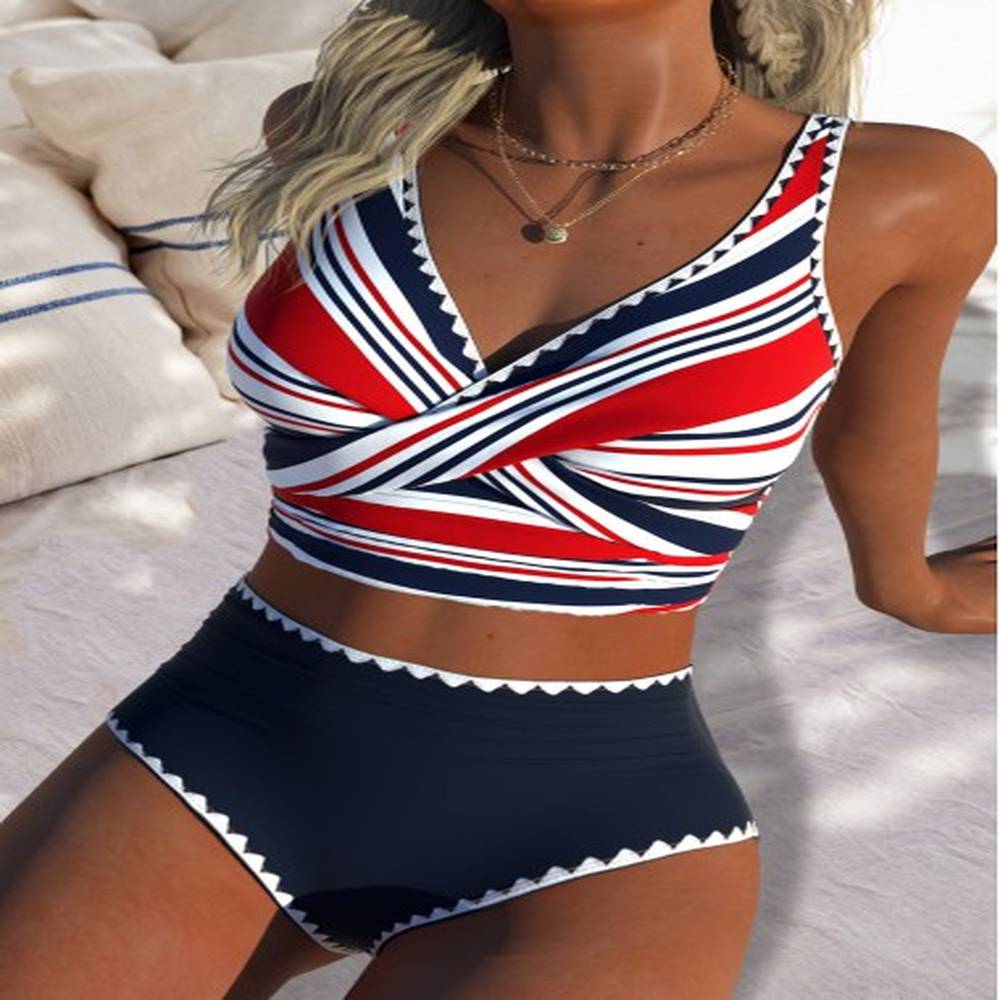 modlily high waisted multi stripe print navy bikini set