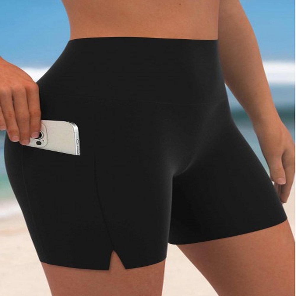 modlily high waisted split black swim shorts m