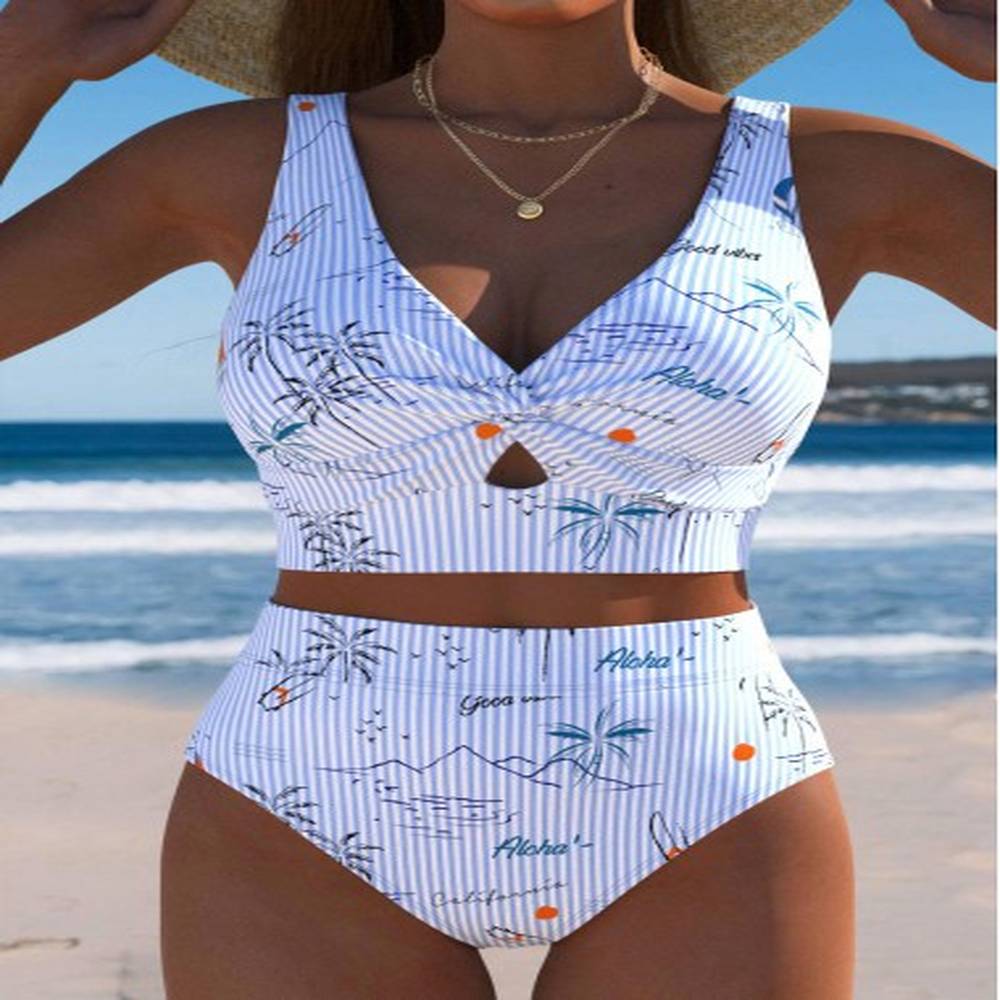 modlily high waisted tropical plants print light blue bikini set