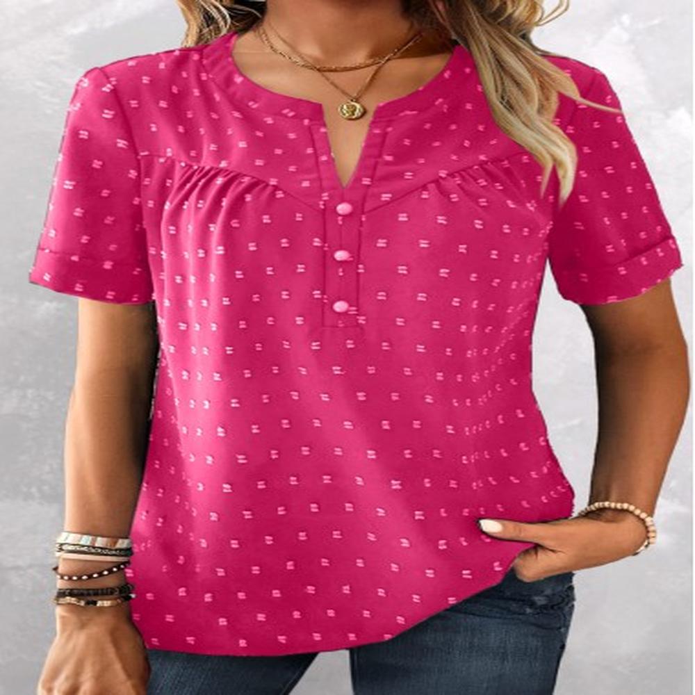 modlily hot pink jacquard short sleeve split neck blouse