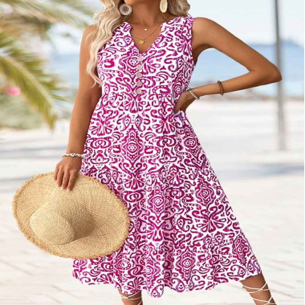 modlily hot pink tribal print maxi sleeveless split neck dress