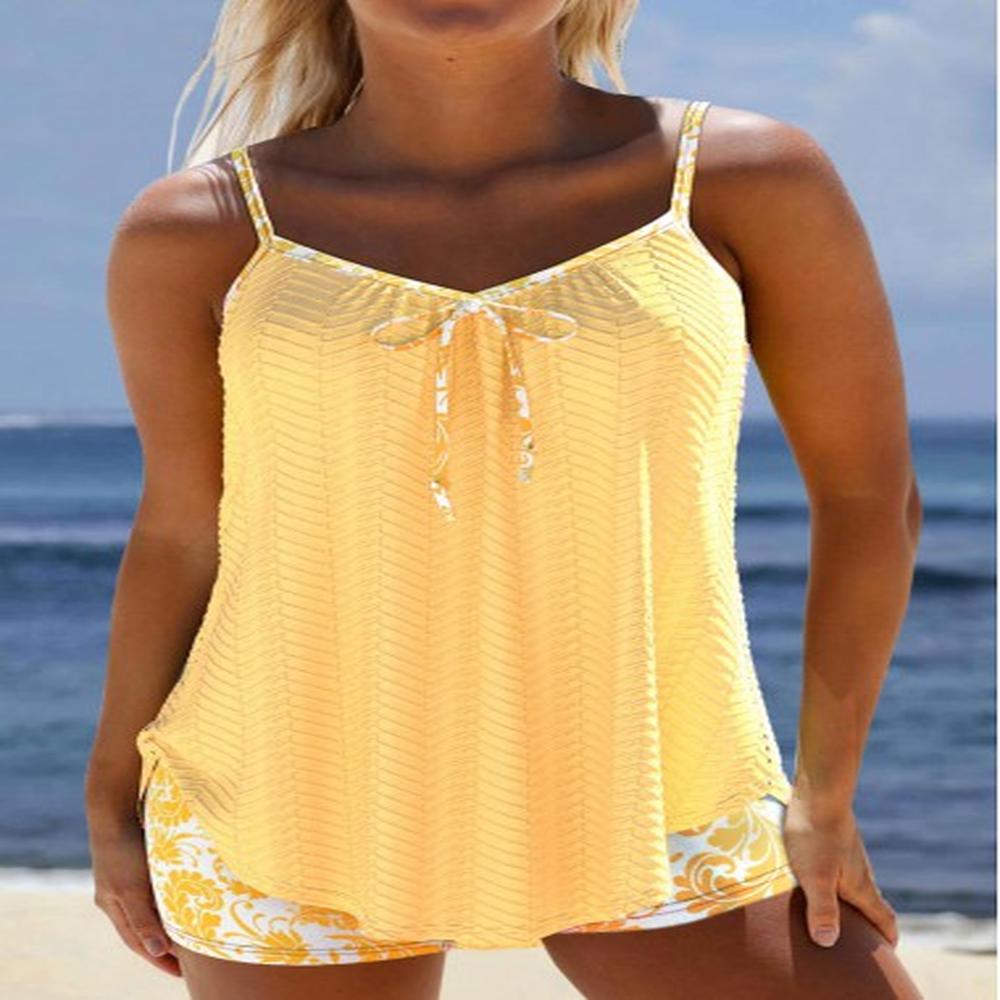 modlily jacquard floral print light yellow tankini set m