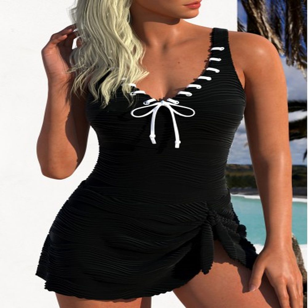 modlily jacquard tie black one piece swimdress l