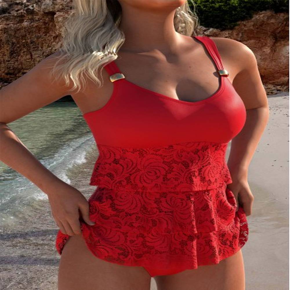 modlily lace mid waisted red tankini set l